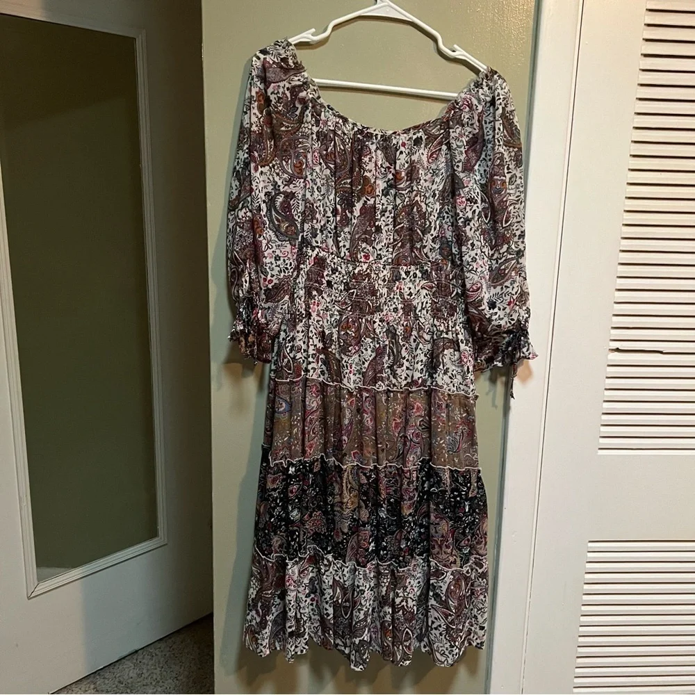 Figueroa & Flower Women's Size Large Midi Dress Boho Paisley Floral Off Shoulder